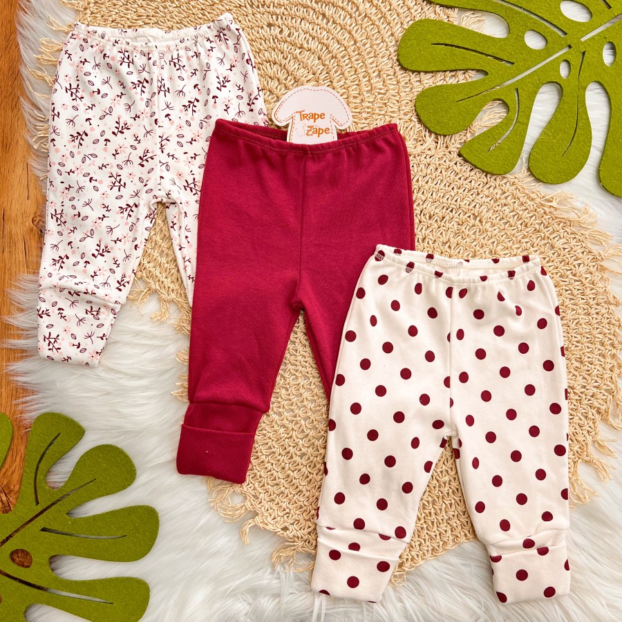 Kit 3 Calças - Raminhos, Bordo e Bolotas - Off White e Bordo